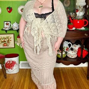 Boho Cottagecore Fairycore Creme Tan Knitted Tassel Fringe Midi Skirt Size XL